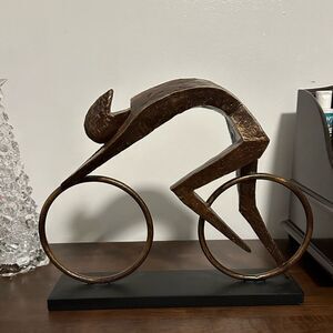 Brown Polystone People Industrial Sculpture w/ Bike Abstract Cyclist Figurine